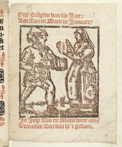 Oldal egy házaló és egy nő álló alakjaival, 1712 Amelyben Lidt de Maen van / ahol meghalsz / meztelenül távozol, hacsak nem nagyszerű hang; Als Peste / Pleures is / ende sulck quaet / oock niet sonder des Meestersraet (cím a tárgyon) alkotó: Anonymous