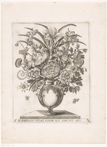 Bloemen in vaas met halffiguren A GYORSAN VILLOGÓ VIRÁG(OK) KÉPE EMLÉKEZTET A KORRA (cím a tárgyon) alkotó: Anonymous