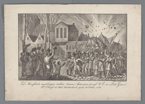 A brüsszeli lázadók Antwerpenbe költöznek, míg Z.E. de Luit Generl. bn. Chassé bombázta a várost 1830. október 28-án (cím a tárgyon) alkotó: Anonymous
