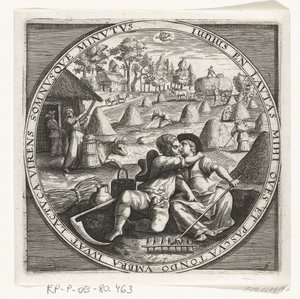 De maand juni, hooimaken, kb. 1600 De twaalf maanden van het jaar verbeeld in scènes uit het volksleven (sorozat címe) A 12 hónap sémái működésükkel, és az állatöv jegyekre való alkalmazása, négy évszakra bontva (sorozat címe tárgyon) alkotó: Anonymous