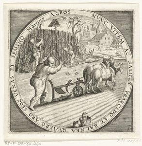 De maand maart, ploegen, kb. 1600 De twaalf maanden van het jaar verbeeld in scènes uit het volksleven (sorozat címe) A 12 hónap sémái működésükkel, és alkalmazásuk az állatöv jegyekre, négy évszakra bontva (sorozat címe tárgyon) alkotó: Anonymous