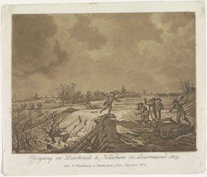 Gátszakadás Kedichemben, 1809 Ysgang és Doorbraak te Kedichem in Louwmaand 1809 (cím a tárgyon) alkotó: Anonymous