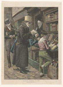 Három férfi és egy fiú egy könyvesbolt előtt, a tulajdonos az ajtóban Boldog vadászterület (cím a tárgyon) alkotó: Anonymous