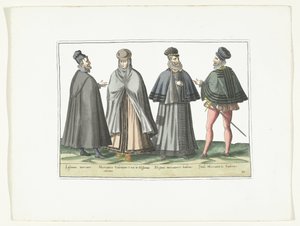Három férfi és egy nő a külföldi divat szerint öltözve, 1580 körül Modes étrangeres (cím a tárgyon) alkotó: Anonymous