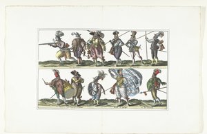 Dupla tányér tizenegy fegyveres civil egyenruhában az antwerpeni divat szerint, 1580 körül Bourgeois d