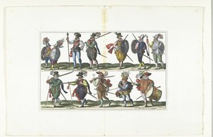 Dupla tányér tizenkét fegyveres civil egyenruhában az antwerpeni divat szerint, 1580 körül Bourgeois d