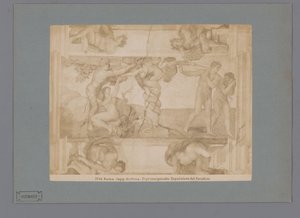 Michelangelo A bukás és kiűzetése a paradicsomból című freskó fotóreprodukciója a Sixtus-kápolnában Roma. capp. szistina. Il primo peccato. Espulsione dal Paradiso (cím a tárgyon) alkotó: Anonymous