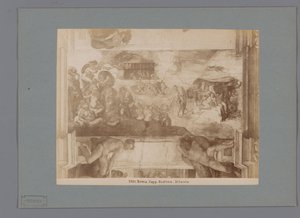 Michelangelo Vízözön című freskójának fotóreprodukciója a Sixtus-kápolnában Roma. capp. szistina. Diluvio (cím az objektumon) alkotó: Anonymous