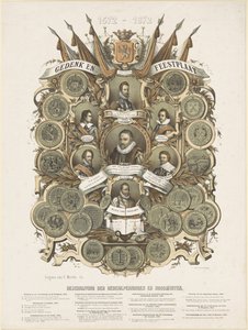 Emlék- és ünnepi tábla I. Vilmos orániai herceg, fiai, Maurits és Frederik Hendrik, Orange hercegei, testvérei, Lodewijk, Adolf és Hendrik, Nassau grófjai és Willem Bloys van Treslong portréival alkotó: Anonymous
