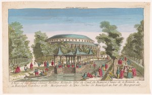 Kilátás a Rotundára és a kínai pavilonra a csatornán a londoni Ranelagh Gardens-ben álarcosbállal Kilátás a csatorna kínai épületére, Rotunde in Ranelagh, Gardens, masquarade. &c (cím az objektumon) alkotó: Anonymous