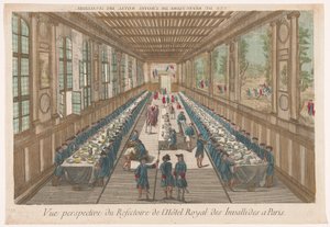 Kilátás a párizsi Hôtel des Invalides étkezőjére, egy csoport étkezés közben Vue perspective du refectoire de l