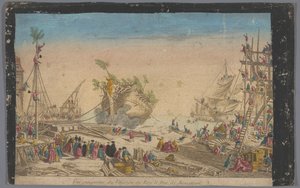 Kilátás a rocheforti kikötőre a Duc de Bourgogne hajó végével 1751. október 20-án Vue perspective du vaisseau du roy le Duc de Bourgogne (cím a tárgyon) alkotó: Anonymous