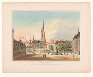 Kilátás a stockholmi Riddarholmen templomra Stockholm. Utsigt af Riddakholmen fran Riddarhustorget (cím a tárgyon) alkotó: Anonymous