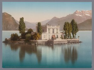 Kilátás az Île de Salagnonra a Genfi-tóban, a háttérben a Dents du Midi lac Léman, Ile de Salagnon és la Dent du Midi (cím a tárgyon) alkotó: Anonymous