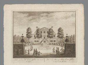 A birtok kilátásai: Esaie Gillot A ház a Mr. Esaie Gillot elölről nézve / Vüe de la Maison Monsr. Esaie Gillot du Coté de la facade (cím a tárgyon) Mr. kabinetjének belső képe. Esaie Gillot / Vüe de la Maison de M alkotó: Anonymous
