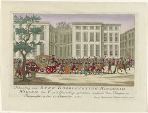 A narancssárga herceg előzése, 1787 Zyne Serene előzése Willem den V. Felség, akit Hágában rajzolt a Burgers and Burgeressen, 1787. szeptember 20-án (cím a tárgyon) Színes német nyomatok az eseményekről alkotó: Anonymous