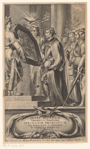 A királyt az Igazságosság és a Hit tükrözi Címlap: Petrus Belluga és Camillo Borello, Speculum principum, 1655 alkotó: Anonymous
