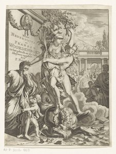Minerva eltaposja a tűzokádó tengeri szörnyet Új alnémet és francia szótár (cím a tárgyon) Címlap ehhez: François Halma, Holland és francia nyelvek szótára, 1710 alkotó: Anonymous