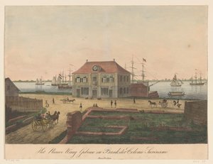 Nieuwe Waag Paramaribo vízpartján A Nieuwe Waag épület és a Bank der Colonie Suriname (cím az objektumon) alkotó: Anonymous