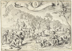 Tervrajz a nyomathoz A Greed megpróbálja megelőzni Fortunát, 1720 A bolondság nagy jelenete (sorozat címe) alkotó: Anonymous