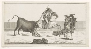 Picador lándzsáját egy bikába dönti Coleccion de las Principles suertes de una corrida de toros (sorozat címe az objektumon) A bikaviadal legfontosabb manővereinek gyűjteménye (sorozat címe) alkotó: Anonymous