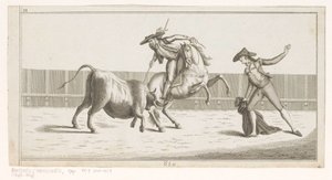 Picador egy bikába szúrja a lándzsáját Coleccion de las Principles suertes de una corrida de toros (sorozat címe az objektumon) A legfontosabb bikaviadal manőverek gyűjteménye (sorozat címe) alkotó: Anonymous