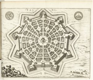Plattegrond van Palmanova, 1726 Palma (cím a tárgyon) Európa, Ázsia, Afrika és Amerika erői (...) Ahogy Franciaország és Spanyolország partjainak térképei is (a sorozat címe az objektumon) alkotó: Anonymous