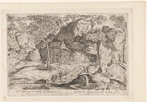 Rotsachtig landschap met dak op palen en rechts leeuw Távol a világtól, nádtető alatt, Landschappen naar Domenico Campagnola (sorozat címe) alkotó: Anonymous
