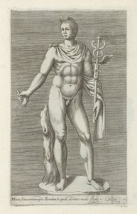 Sculptuur van Mercurius Merkúr márványszobor, Nagy Sándornál (...) (cím a tárgyon) Antik szobrok Rómában (sorozat címe) Róma városának nyilvános helyeken látható ősi szobrainak ikonjai (sorozat címe) alkotó: Anonymous