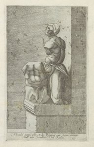 Pasquino szobra Nagy Sándor katonája, közismert nevén Pasquinus, kezében Phocius (...) (cím a tárgyon) Antik szobrok Rómában (sorozat címe) Róma városának nyilvános helyeken látható ősi szobrainak ikonjai (sorozat címe) alkotó: Anonymous
