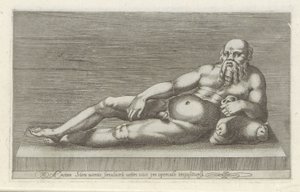 Sculptuur van Silenus Aeneas Silenus bronzszobra egy régi edényen hever fedőnek (cím a tárgyon) Antik szobrok Rómában (sorozat címe) Róma város ókori szobrainak ikonjai, amelyek nyilvános helyeken láthatók (sorozat címe) alkotó: Anonymous