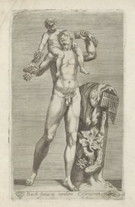 Sculptuur van Silenus met de jonge Bacchus op zijn schouders Bacchus szobra a Cézárok kertjében (cím a tárgyon) Antik szobrok Rómában (sorozat címe) Róma városának nyilvános helyeken látható ősi szobrainak ikonjai (sorozat címe) alkotó: Anonymous