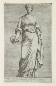 Sculptuur van Thaleia, muze van de komedie A vígjátékot képviselő múzsa a Capitoliumban (cím a tárgyon) Antik szobrok Rómában (sorozat címe) Róma városának nyilvános helyeken látható ősi szobrainak ikonjai (sorozat címe) alkotó: Anonymous