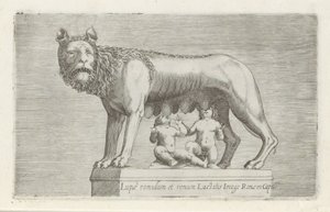 Sculptuur van de Lupa Capitolina die de tweeling Romulus en Remus zoogt Romulus és Remus Róma farkasképét szoptatják Capitoban (cím a tárgyon) Antik szobrok Rómában (sorozat címe) Róma városának nyilvános helyeken látható ősi szobrairól ic alkotó: Anonymous