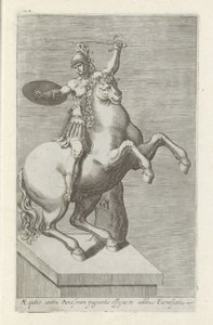 Sculptuur van een Romeinse soldaat te paard Equites Amos ellen (...) (cím a tárgyon) Antik szobrok Rómában (sorozat címe) Róma városának nyilvános helyeken látható ősi szobrainak ikonjai (sorozat címe) alkotó: Anonymous