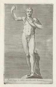 Sculptuur van een faun Faun képe egy római nemes házában (cím a tárgyon) Antik szobrok Rómában (sorozat címe) Róma városának nyilvános helyeken látható ősi szobrainak ikonjai (sorozat címe) alkotó: Anonymous