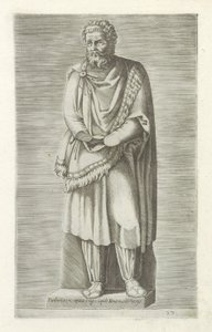 Sculptuur van een gegengen koning Parthorus király foglyai Róma fekete kövéből Cesys épületében (cím a tárgyon) Antik szobrok Rómában (sorozat címe) Róma városának nyilvános helyeken látható ősi szobrainak ikonjai (sorozat címe) alkotó: Anonymous