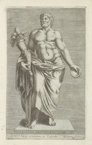 Sculptuur van een man met een hoorn des overvloeds Geny szobra a Capitoliumban (cím a tárgyon) Antik szobrok Rómában (sorozat címe) Róma városának nyilvános helyeken látható ősi szobrainak ikonjai (sorozat címe) alkotó: Anonymous