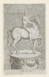 Sculptuur van een naakte jongen op een paard Antik szobrok Rómában (sorozat címe) Róma városának nyilvános helyeken látható ősi szobrainak ikonjai (sorozat címe) alkotó: Anonymous