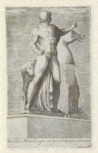 Sculptuur van een van de Dioscuren a Quirinaal te Rómában Bucephalus és Alexander nagy alkotás (...) (cím a tárgyon) Antik szobrok Rómában (sorozat címe) Róma városának nyilvános helyeken látható ősi szobrainak ikonjai (sorozat címe) alkotó: Anonymous