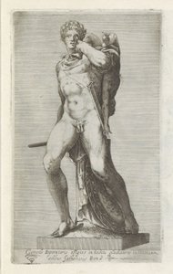 Sculptuur van Keizer Commodus vagy gladiátor A császár kényelmes portréja gladiátorruhában (...) (cím a tárgyon) Antik szobrok Rómában (sorozat címe) Róma városának nyilvános helyeken látható ősi szobrainak ikonjai (sorozat címe) alkotó: Anonymous