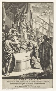 Katona könyvet ajándékoz a királynak Címlap ehhez: Matthias Martinius, Lexicon philologicum praecipuae etymologicum, 1697 alkotó: Anonymous