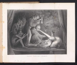 Rajzfilm Leideni diákalmanachban, 1844 A vizsga előtti éjszaka (cím a tárgyon) alkotó: Anonymous