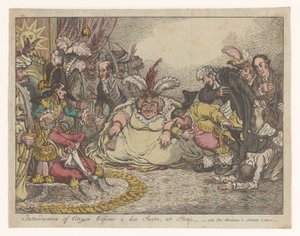 Spotprent találkozott Napoleonnal és Fox-szal, 1802 Volpone polgár és lakosztálya bemutatkozása Párizsban - vide, A Moniteu és Cobbett levelei (cím a tárgyon) alkotó: Anonymous
