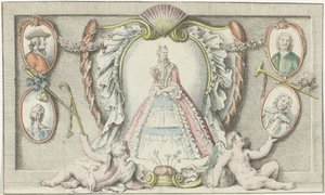 Álló nő, két putti és négy medál Divat az 1730-as években Mercure de France (sorozat címe) alkotó: Anonymous