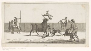 Kutyák támadták meg a bikát Coleccion de las Principles suertes de una corrida de toros (sorozat címe az objektumon) A legfontosabb bikaviadal manőverek gyűjteménye (sorozat címe) alkotó: Anonymous