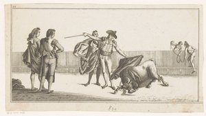 Bikát megcsípett egy matador Coleccion de las Principles suertes de una corrida de toros (sorozat címe az objektumon) A legfontosabb bikaviadal manőverek gyűjteménye (sorozat címe) alkotó: Anonymous