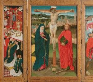 Triptichon a keresztre feszítéssel Triptichon a keresztrefeszítéssel (középpanel), Szent Gergely miséjével (bal oldali belső), Szent Kristóf (jobb belső szárny) és Mária Angyali üdvözletével (külső szárnyak) alkotó: Anonymous