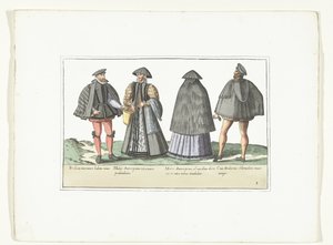 Két férfi és két nő a divat szerint öltözve Antwerpenben és Brabantban, 1580 körül Civils des Pays-Bas jelmezek (cím a tárgyon) alkotó: Anonymous