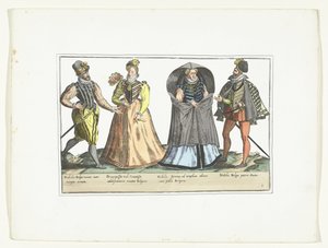 Két férfi és két nő a divat szerint öltözve Hollandiában, 1580 körül Civils des Pays-Bas jelmezek (cím a tárgyon) alkotó: Anonymous